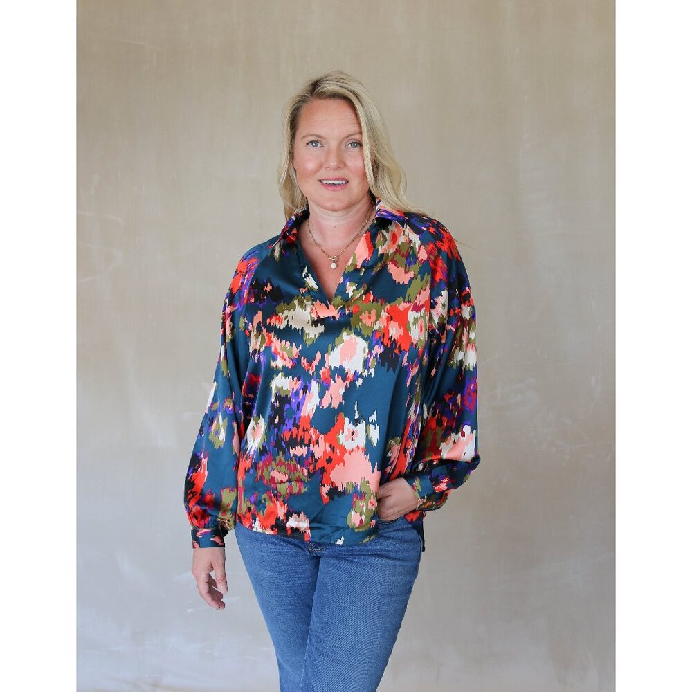 Printed V Neck Puff Sleeve Blouse